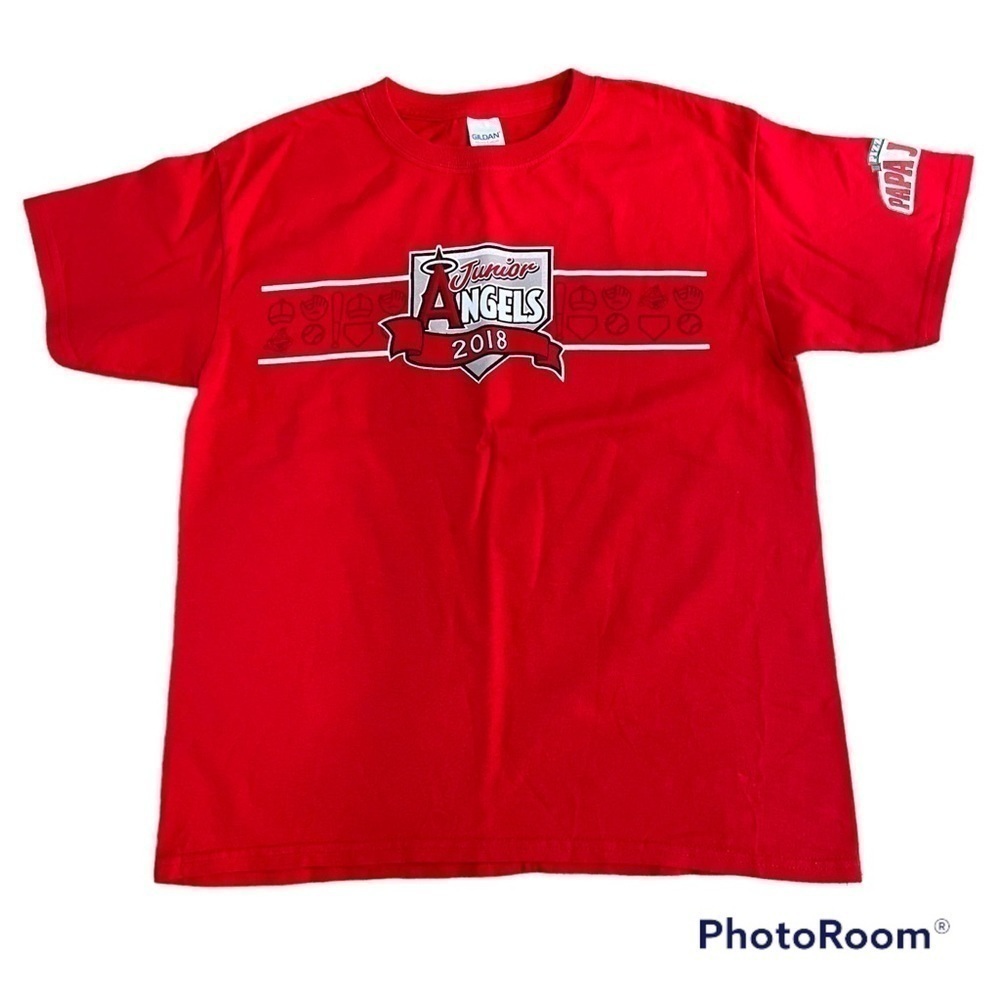 Junior Angels 2018 red Gildan short sleeved youth sports shirt, L, Papa John's.